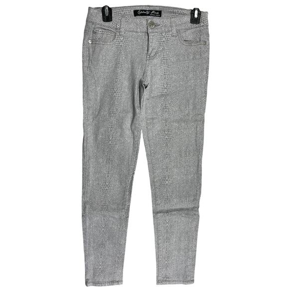Y2K Celebrity Pink Skinny Jeans Size 3 Gray White Snakeskin Pattern Low Rise - Picture 1 of 4